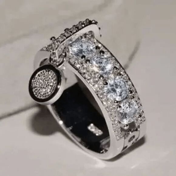 Engagement Wedding Anniversary Round Diamond Mosaic Ring With Hanging Charm - Picture 3 of 5